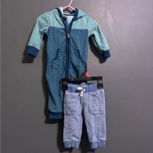 Carters blue two piece baby winter bundle, pant and fleece jumpsuit, size 6m